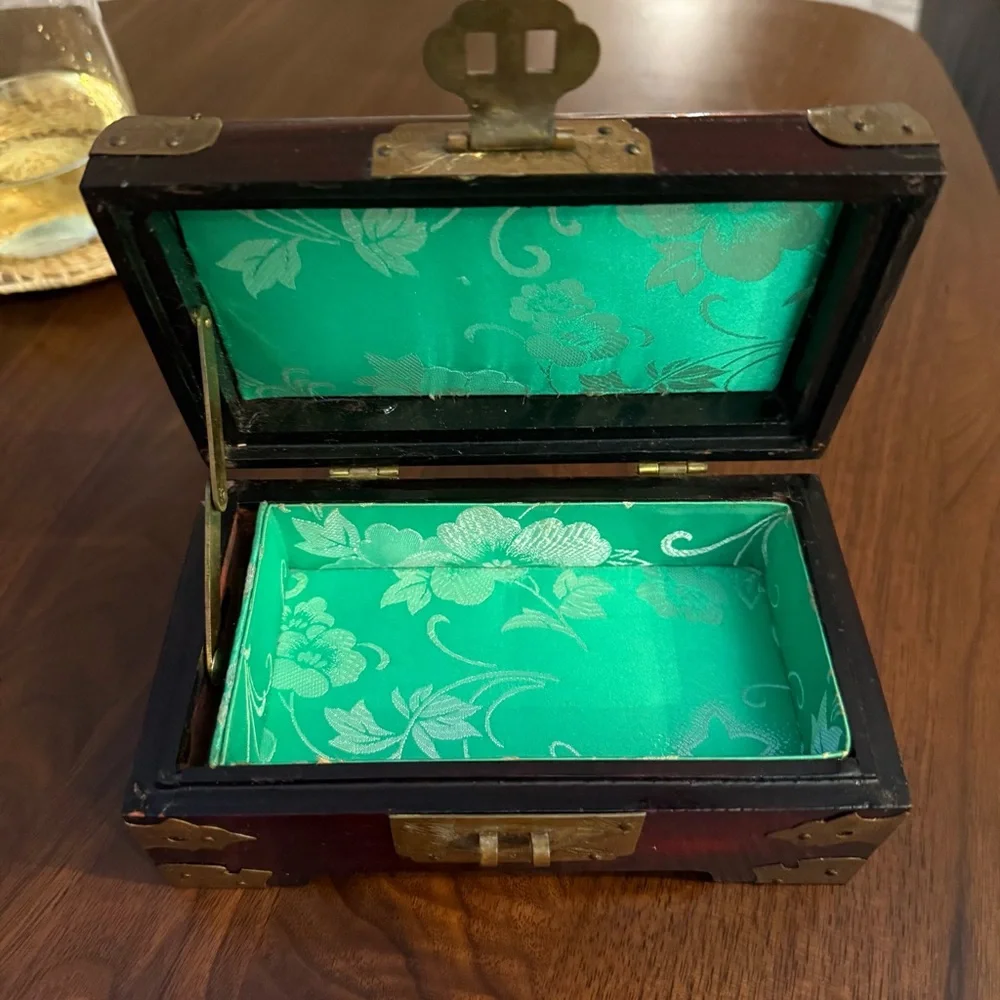 MCM Mid 20th Century Chinese Mahogany Wood & Brass Jewelry Box/Carved Jadeite